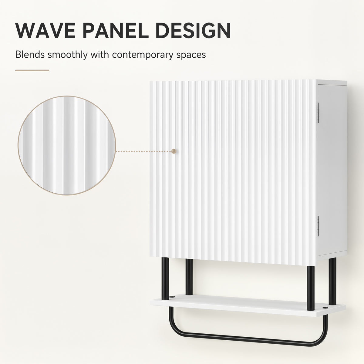 Bathroom Wall Cabinet | Double Doors | Open Shelf & Towel Rail | Wavy Door Style | Humidity-Resistant Painted MDF | 49 x 18 x 66cm | 30kg Capacity | Space-Saving Wall-Mounted | White