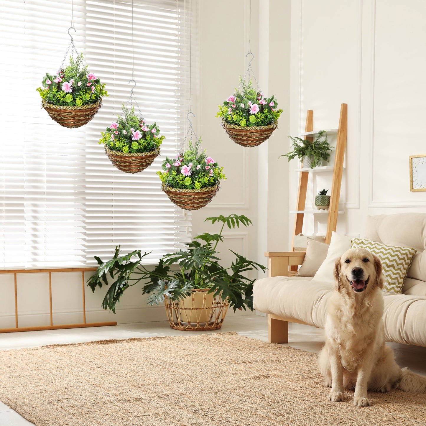 Set of 4 Artificial Hanging Lisianthus Flower Baskets | 18 Faux Flowers & 72 Leaves Per Pot | Wicker Basket | 30cm Metal Chain & Hook | Indoor & Outdoor | Ø25 x 34cm | Pink & Green