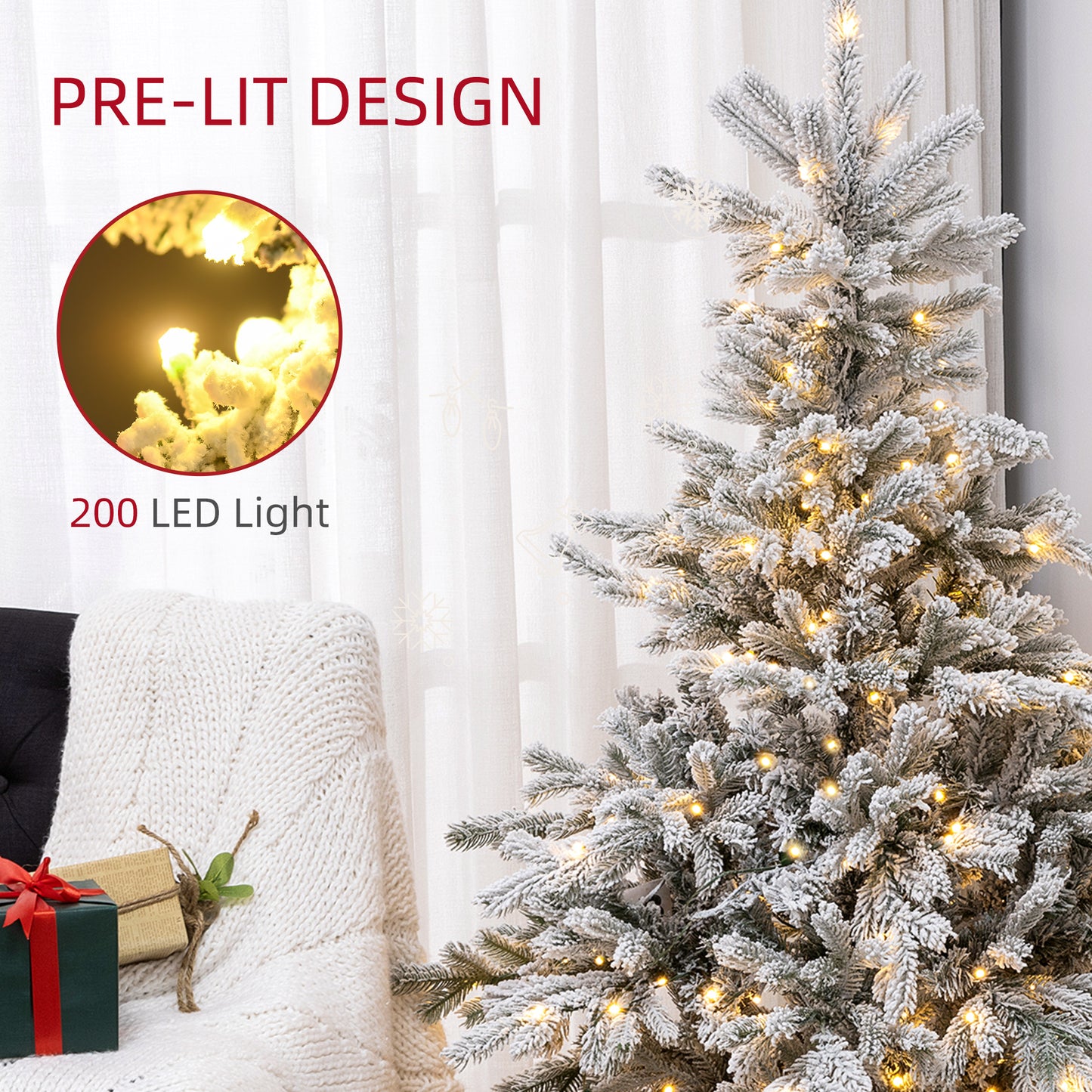 5ft Prelit Snow Flocked Artificial Christmas Tree with Warm White LED Light and 931 Tips, Metal Base, Snowy Realistic Xmas Tree