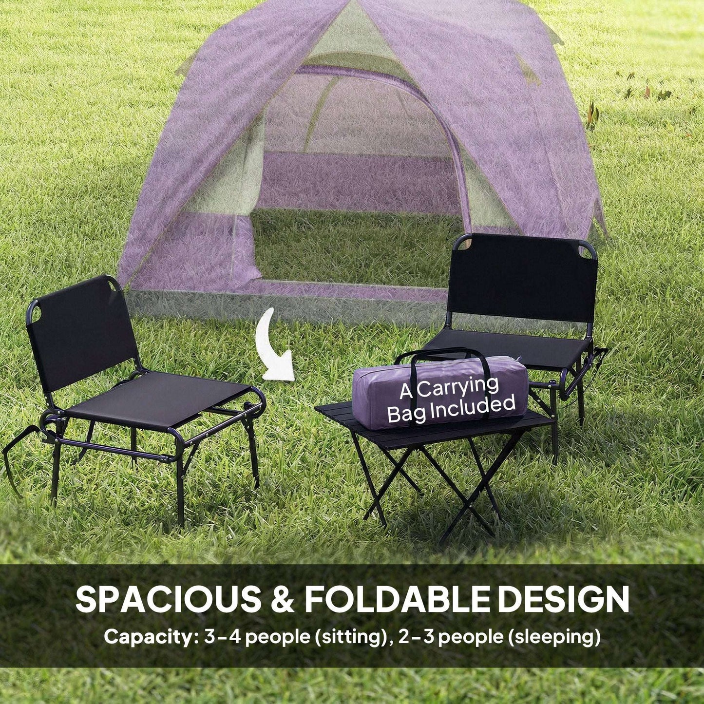 3-4 Person Dome Camping Tent | Sewn-In PE Groundsheet | 3000mm Waterproof | 3-Sided Mesh Windows | Ceiling Hook | Windproof Level 6 | Carrying Bag | 2x2x1.35m | Purple & Grey