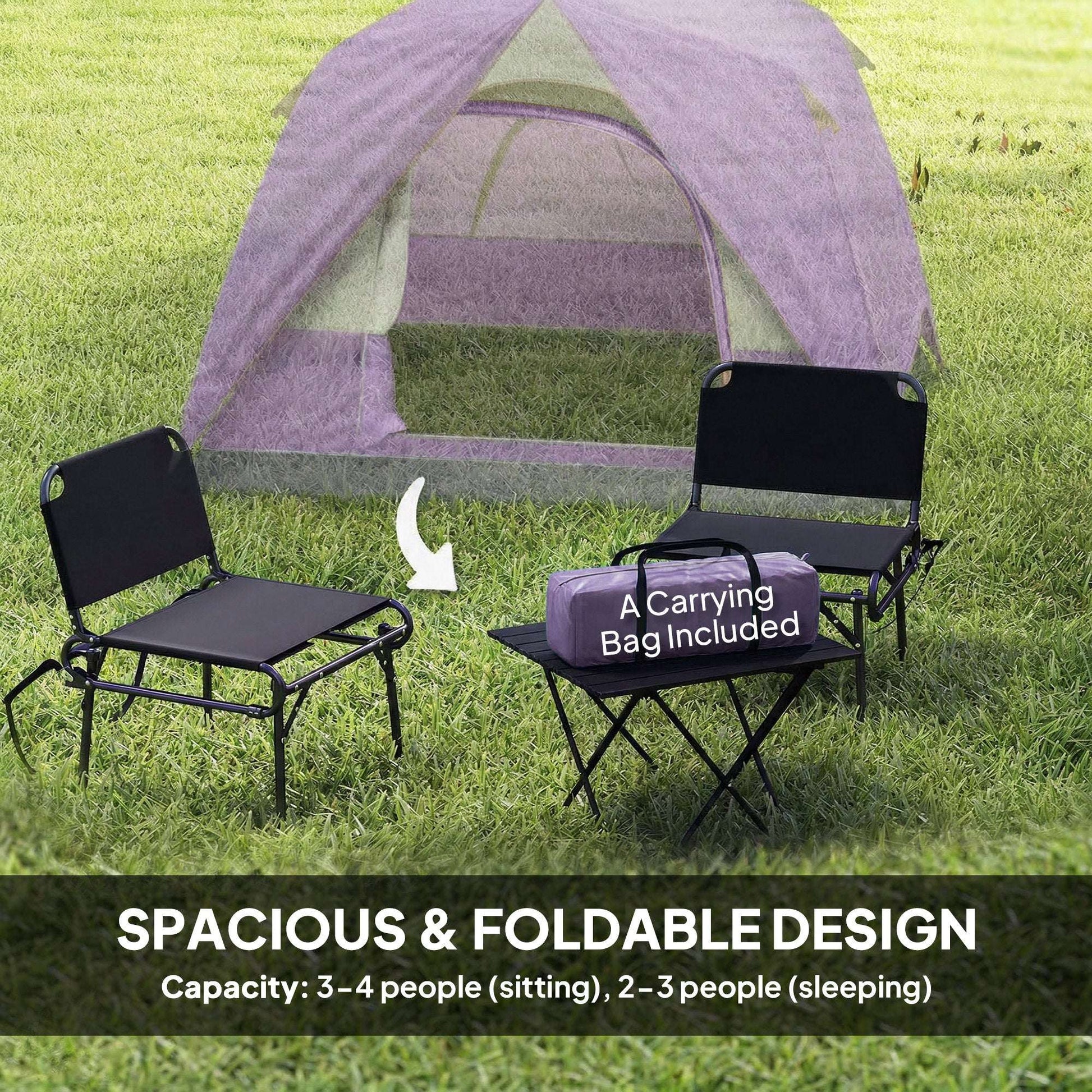 3-4 Person Dome Camping Tent | Sewn-In PE Groundsheet | 3000mm Waterproof | 3-Sided Mesh Windows | Ceiling Hook | Windproof Level 6 | Carrying Bag | 2x2x1.35m | Purple & Grey