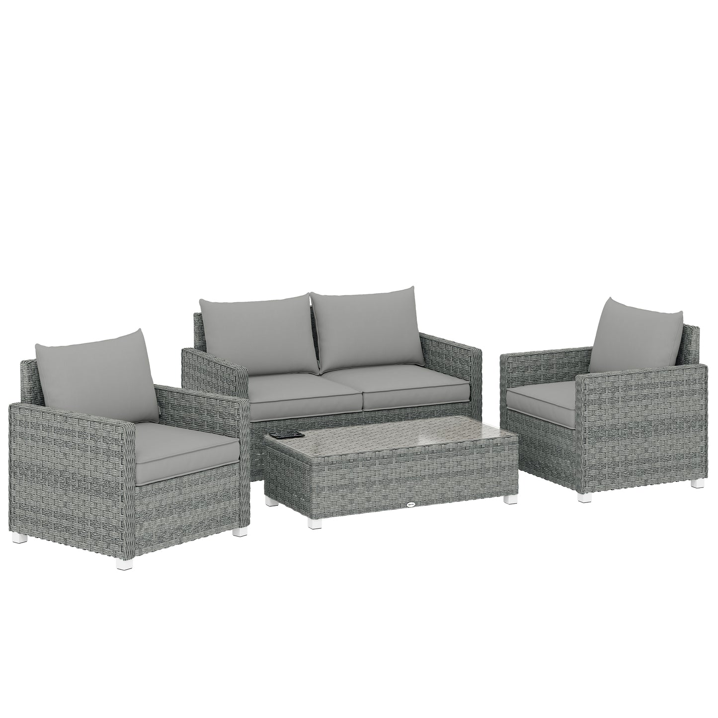 4-Piece Rattan Garden Furniture Set | Loveseat | 2 Armchairs | Tempered Glass Table | 15cm Back Cushions | Washable Covers | 120kg | Grey