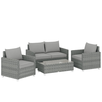 4-Piece Rattan Garden Furniture Set | Loveseat | 2 Armchairs | Tempered Glass Table | 15cm Back Cushions | Washable Covers | 120kg | Grey