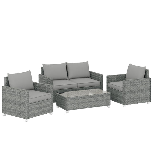 4-Piece Rattan Garden Furniture Set | Loveseat | 2 Armchairs | Tempered Glass Table | 15cm Back Cushions | Washable Covers | 120kg | Grey