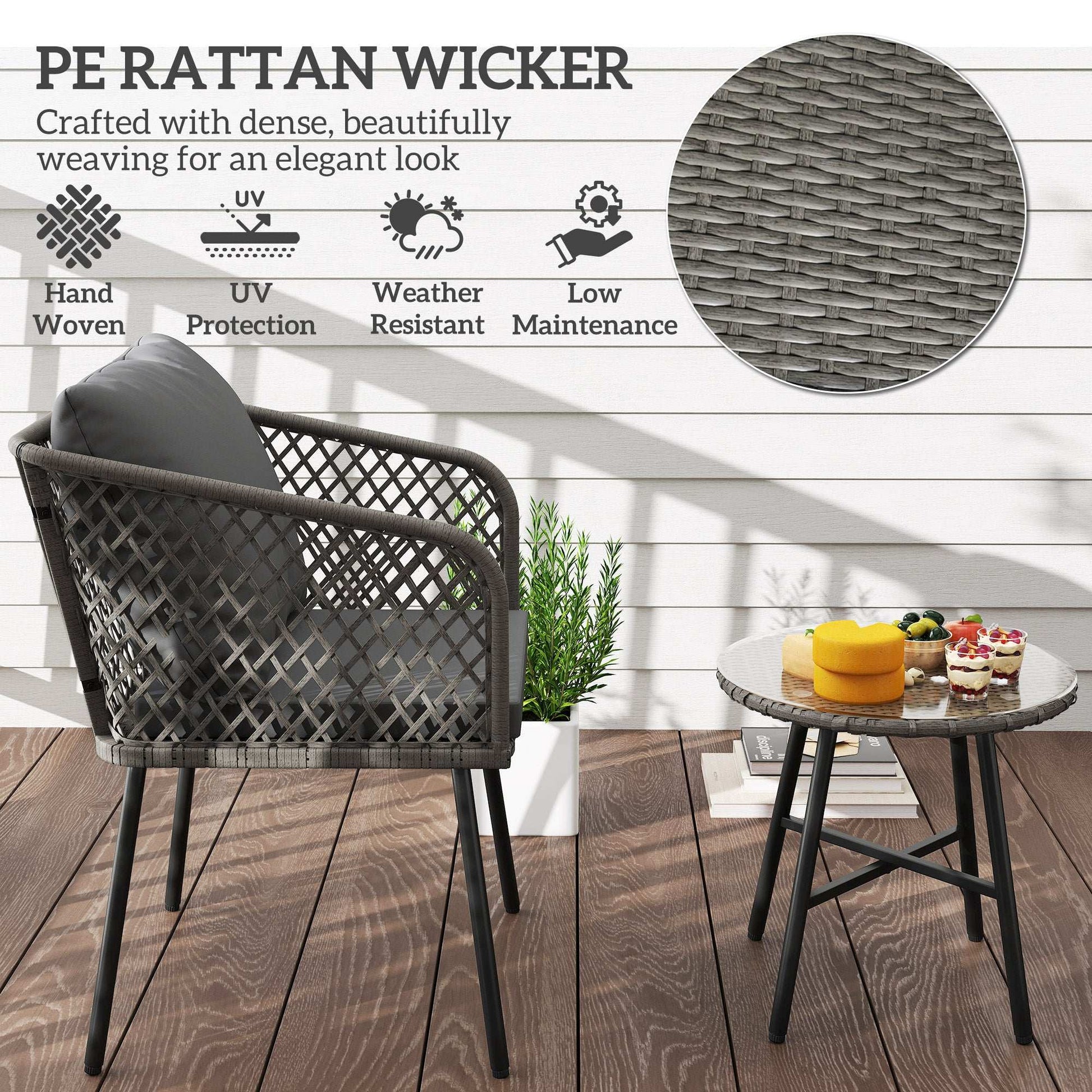 Outsunny 3 Piece Rattan Bistro Set with 2 Chairs, Tempered Glass Table, Cushions, Adjustable Foot Pads for Garden, Balcony, Grey