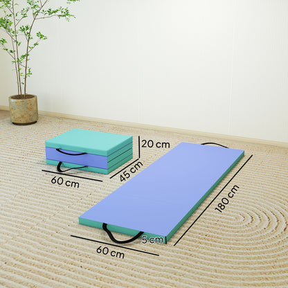 Foldable Gymnastics Mat | 5cm EPE Foam | 180x60cm | 4-Fold | Carry Handle | 150kg | Yoga & Tumbling | Green & Purple