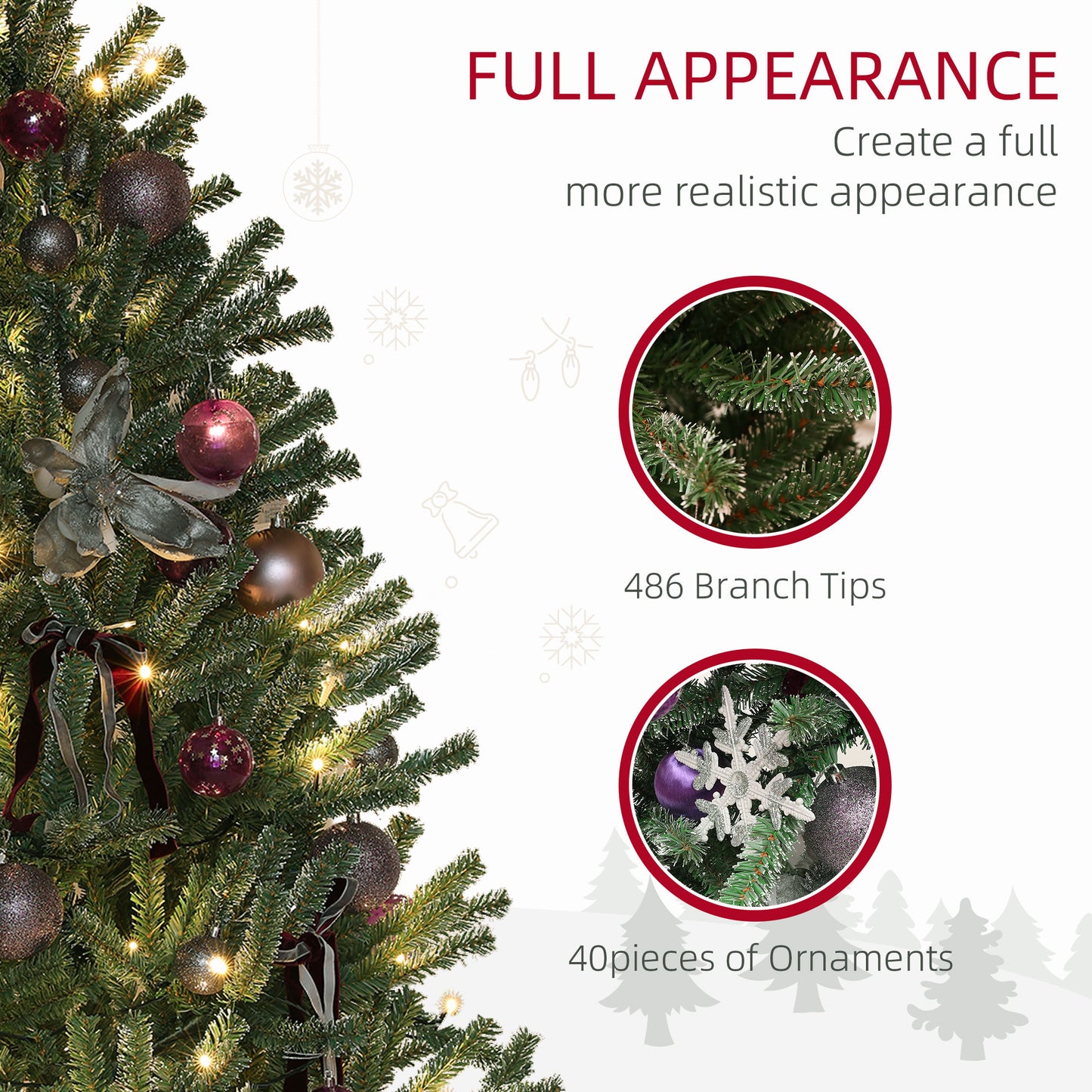 5ft Artificial Prelit Christmas Tree with Warm White LED Lights and 486 Tips, Metal Stand W/ Purple Ornaments