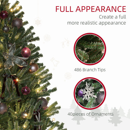 5ft Artificial Prelit Christmas Tree with Warm White LED Lights and 486 Tips, Metal Stand W/ Purple Ornaments
