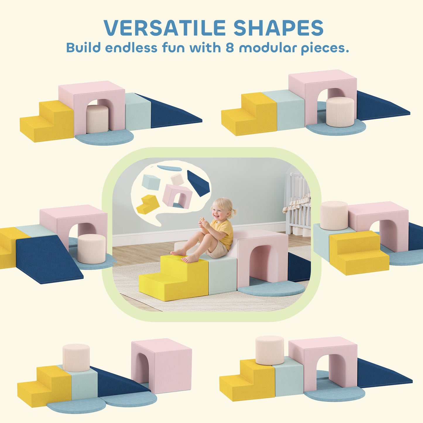 Kids 8-Piece Soft Play Foam Block Set | Climb Crawl & Build | Washable Velvet Covers | Hidden Zippers | Indoor Toddler Gym | Ages 6-36 Months | Multicolour