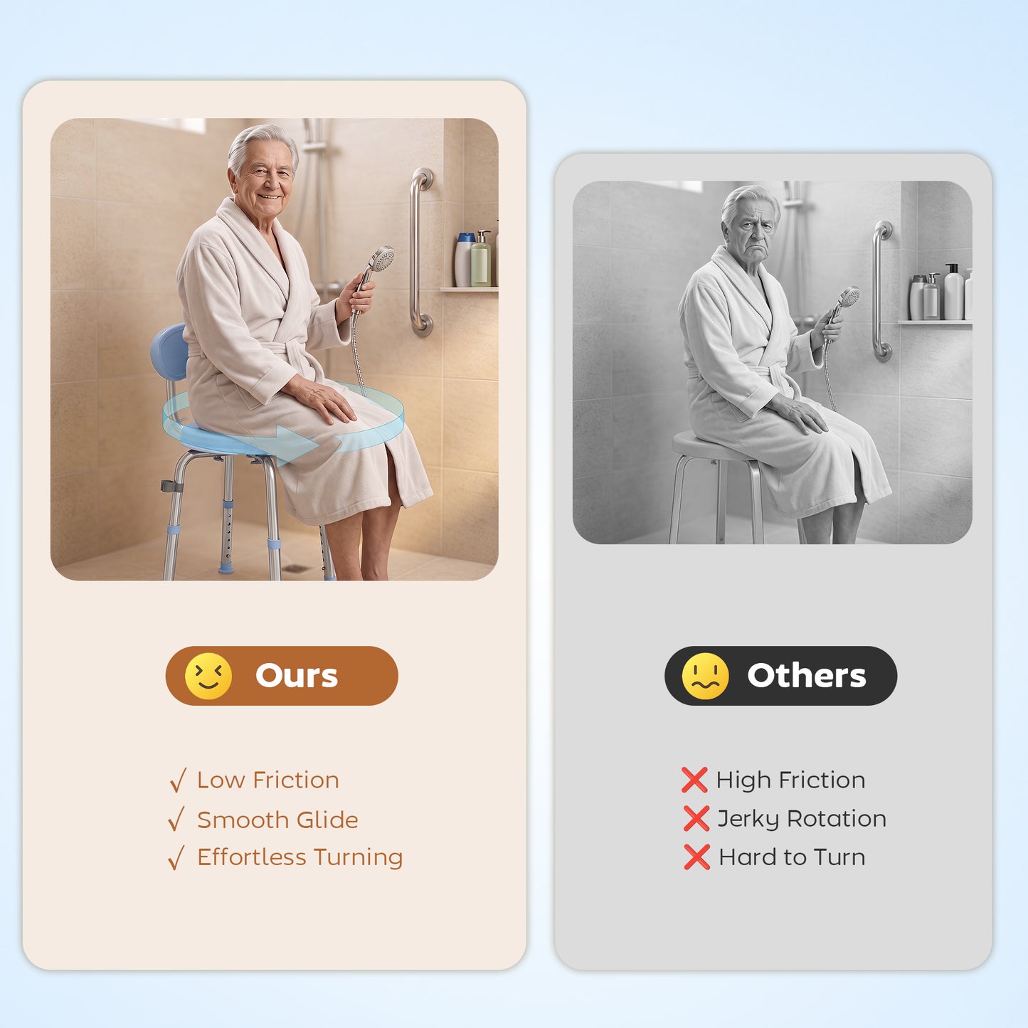 360° Swivel Shower Stool | Aluminium Frame | 5-Level Adjustable Height 63–75cm | Backrest | Non-Slip | 136kg | Shower Head Holder | Light Blue