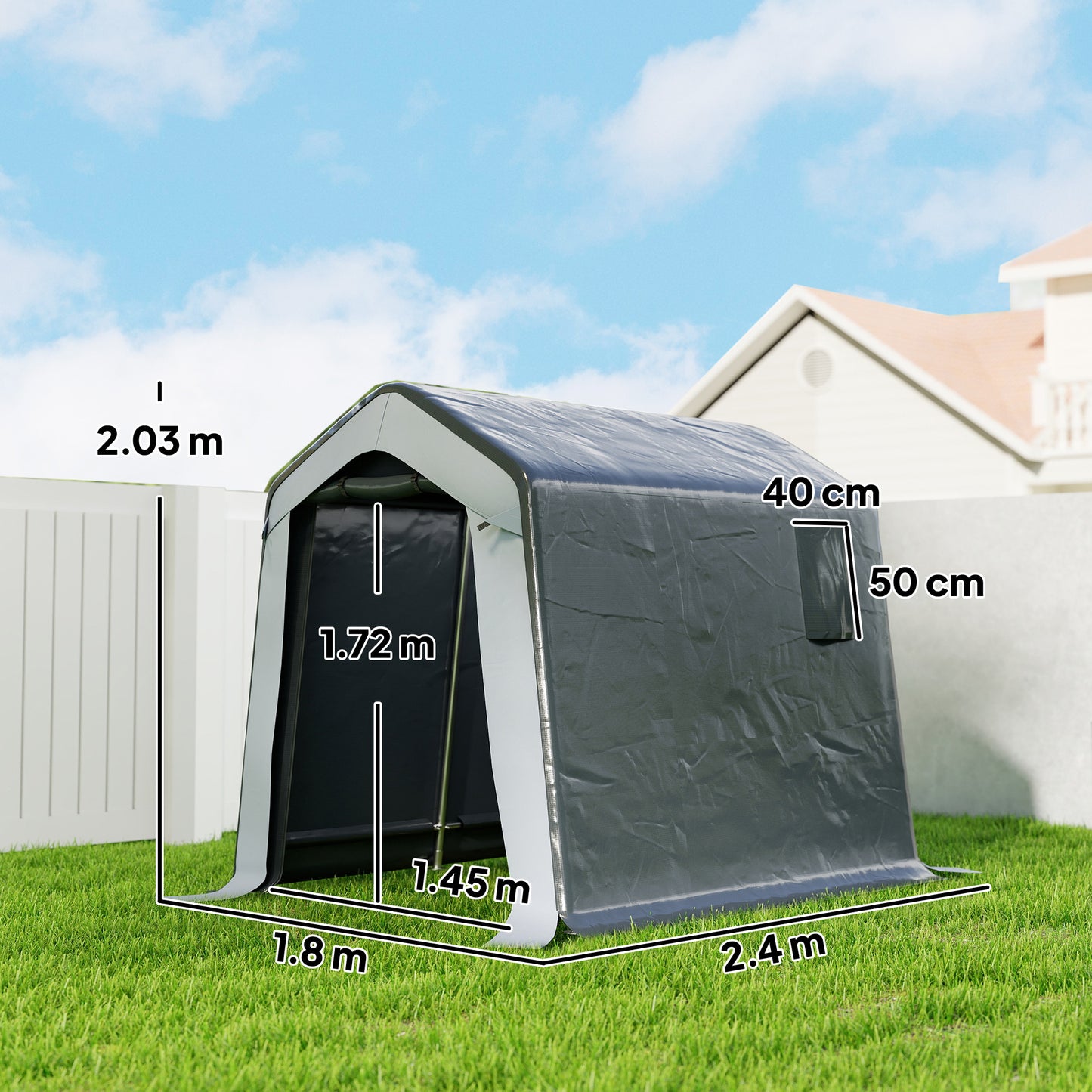 Garden Storage Shed Tent | 1.8x2.4m | Waterproof UV30+ | Galvanised Frame | Roll-Up Door | 2 Mesh Vents | Motorbike & Bike Storage | Grey