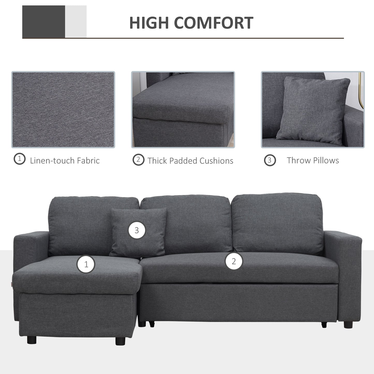 Corner Sofa Bed with Storage, 3 Seater Pull Out Sofa Bed, Convertible L Shape Sofa Couch W/ Reversible Chaise Lounge for Living Room, Dark Grey