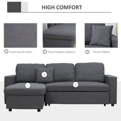 Corner Sofa Bed with Storage, 3 Seater Pull Out Sofa Bed, Convertible L Shape Sofa Couch W/ Reversible Chaise Lounge for Living Room, Dark Grey