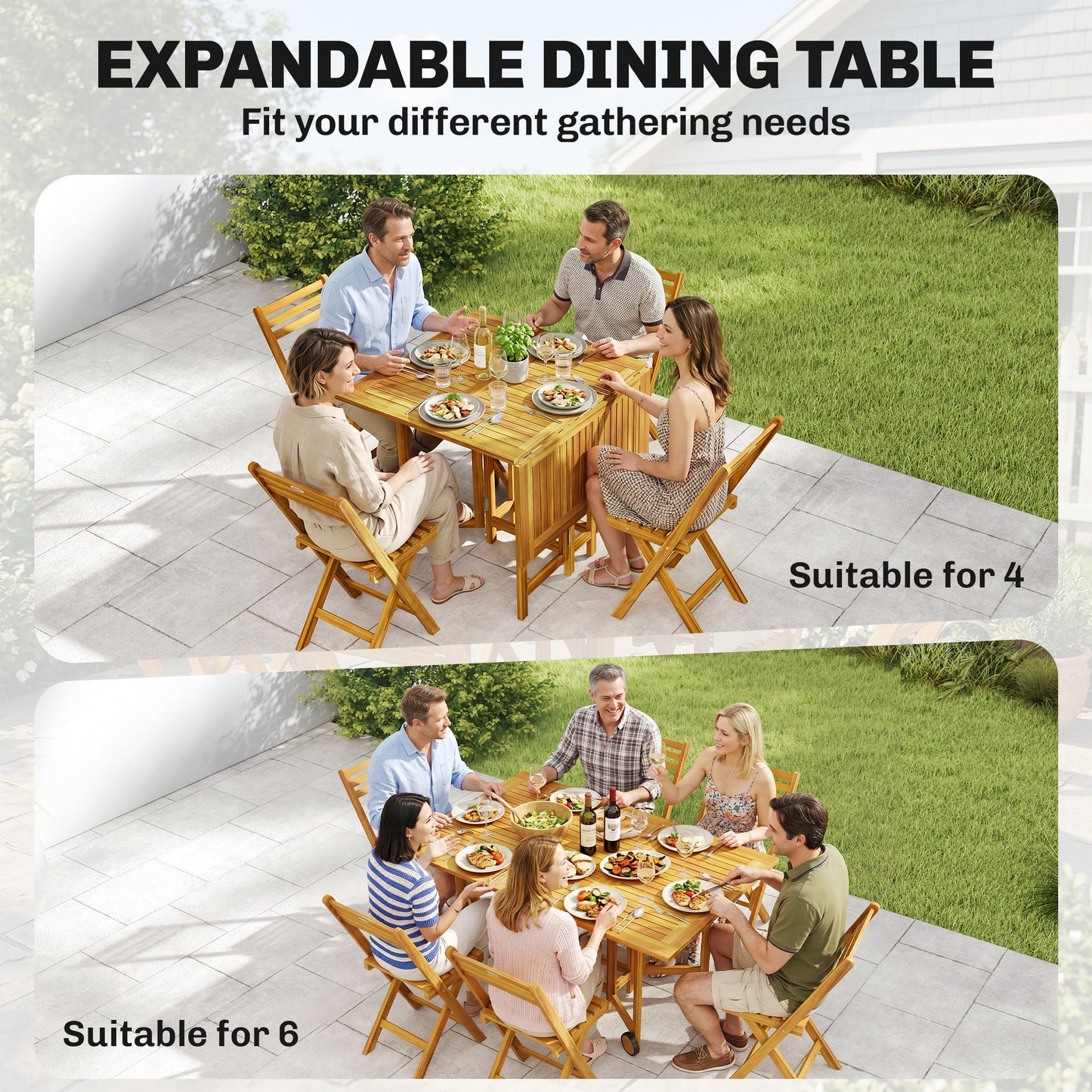 FSC Acacia 7-Piece Garden Dining Set | Extending Table | 6 Folding Chairs | Umbrella Hole | 130cm | Natural Wood
