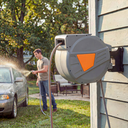 Wall Mounted Retractable Garden Hose Reel | 40+2m | Auto Retract & Self-Locking | 180° Swivel Bracket | Dual Spray Modes | 8 Bar Working Pressure | 61x26x43cm | Orange