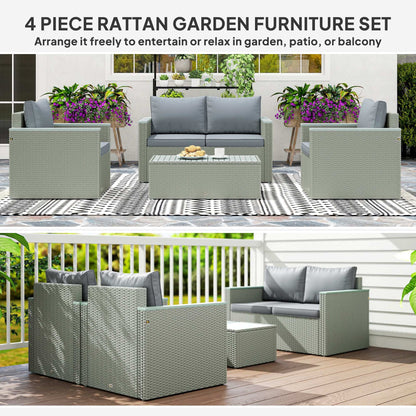 4 Piece Rattan Garden Furniture Set, 4 Seater Wicker Outdoor Sofa Set with 2 Armchairs, Loveseat, Acacia Wood Top Coffee Table - Grey
