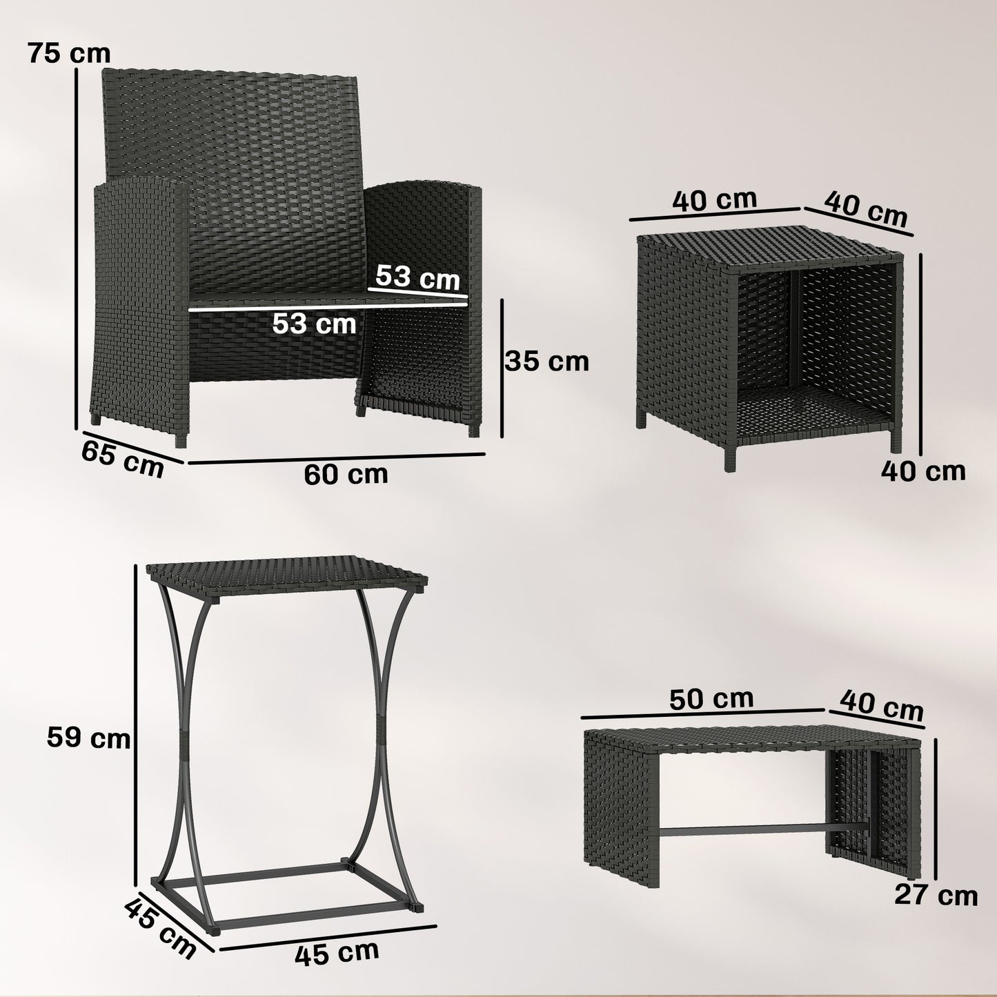 Outsunny 6 Piece Rattan Garden Furniture, Space-Saving Patio Furniture Set with Nesting Tables, Chairs, Stools, Cushions, Black