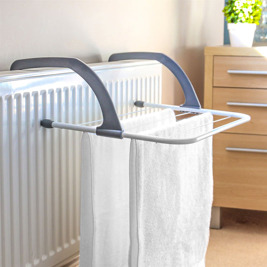 Over Radiator Clothes Airer | Set of 2 | 5 Rails Each | 3m Drying Space | Adjustable Arms | Collapsible | Rubber Guards | 50.5x34x3cm | Iron & PP | White & Grey
