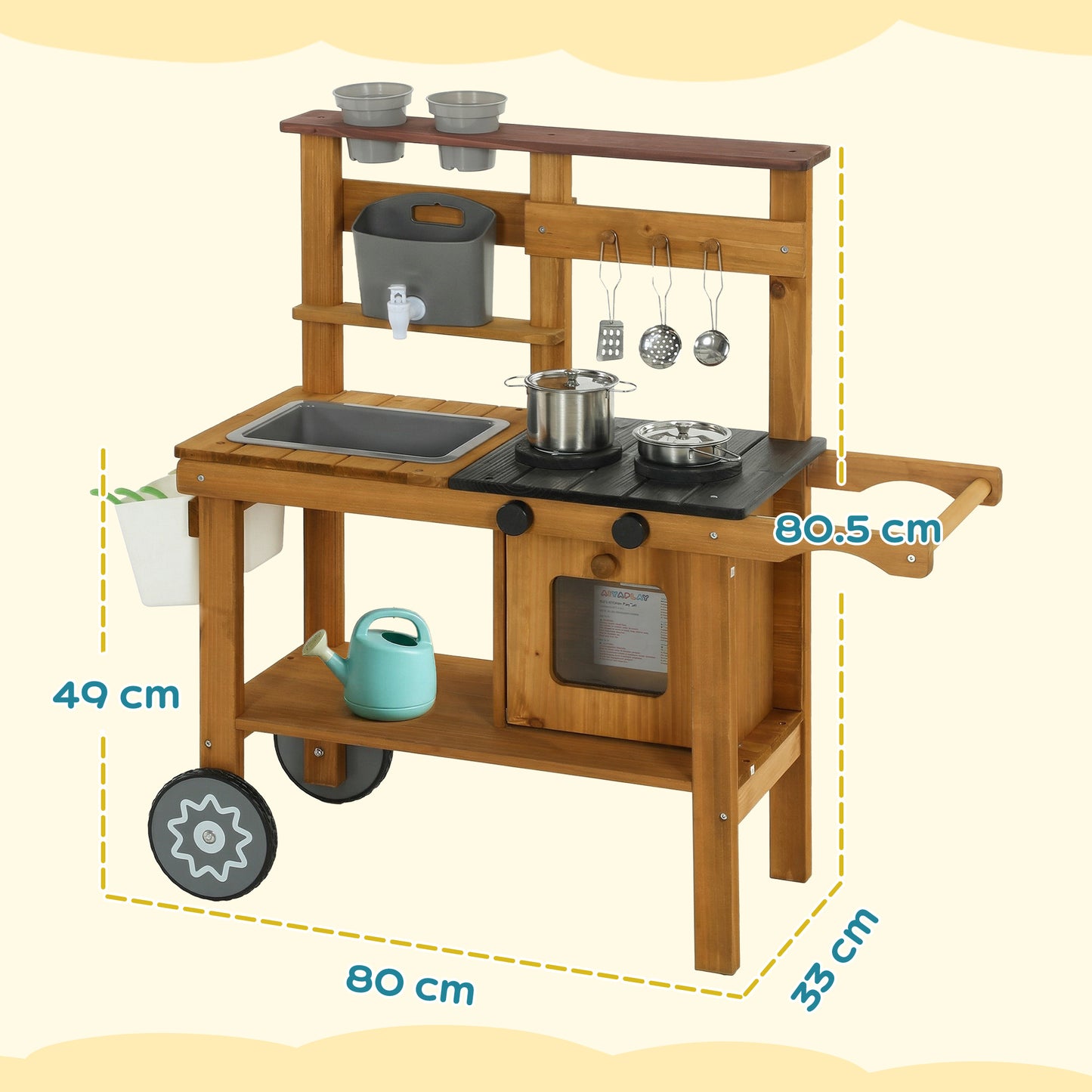 Children's Wooden Mud Kitchen with Wheels – Running Water Tap, Stove, Flower Pots & 12 Stainless Steel Accessories, Ages 3–6