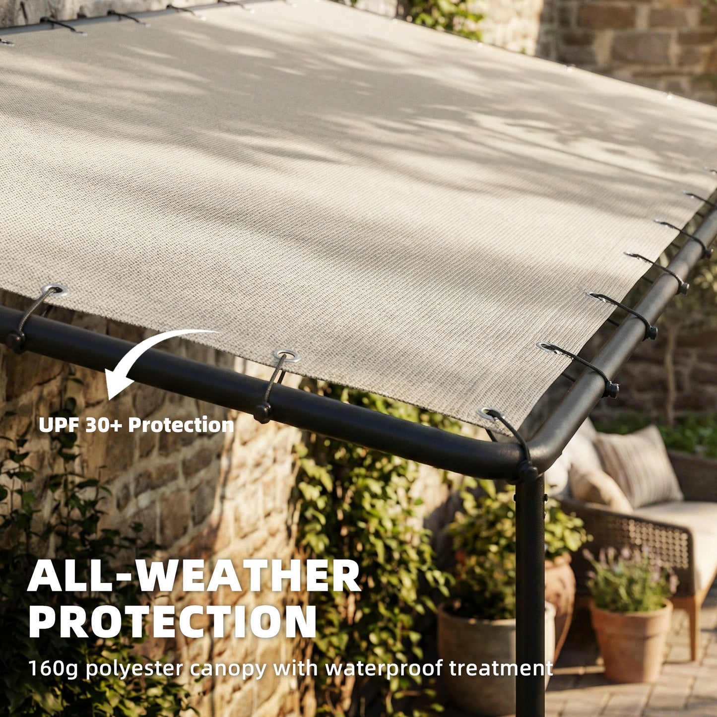 3x1.8m Lean-To Garden Pergola | UPF30+ Canopy | Sloped Roof & Drainage | Windproof 5-6 | Cream