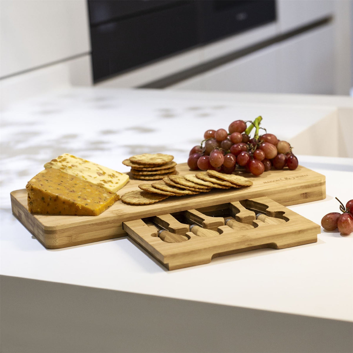 Maison & White Bamboo Cheese Board | 40cm Serving Platter with Hidden Drawer | 3 Cheese Knives & Fork | Charcuterie & Entertaining Set