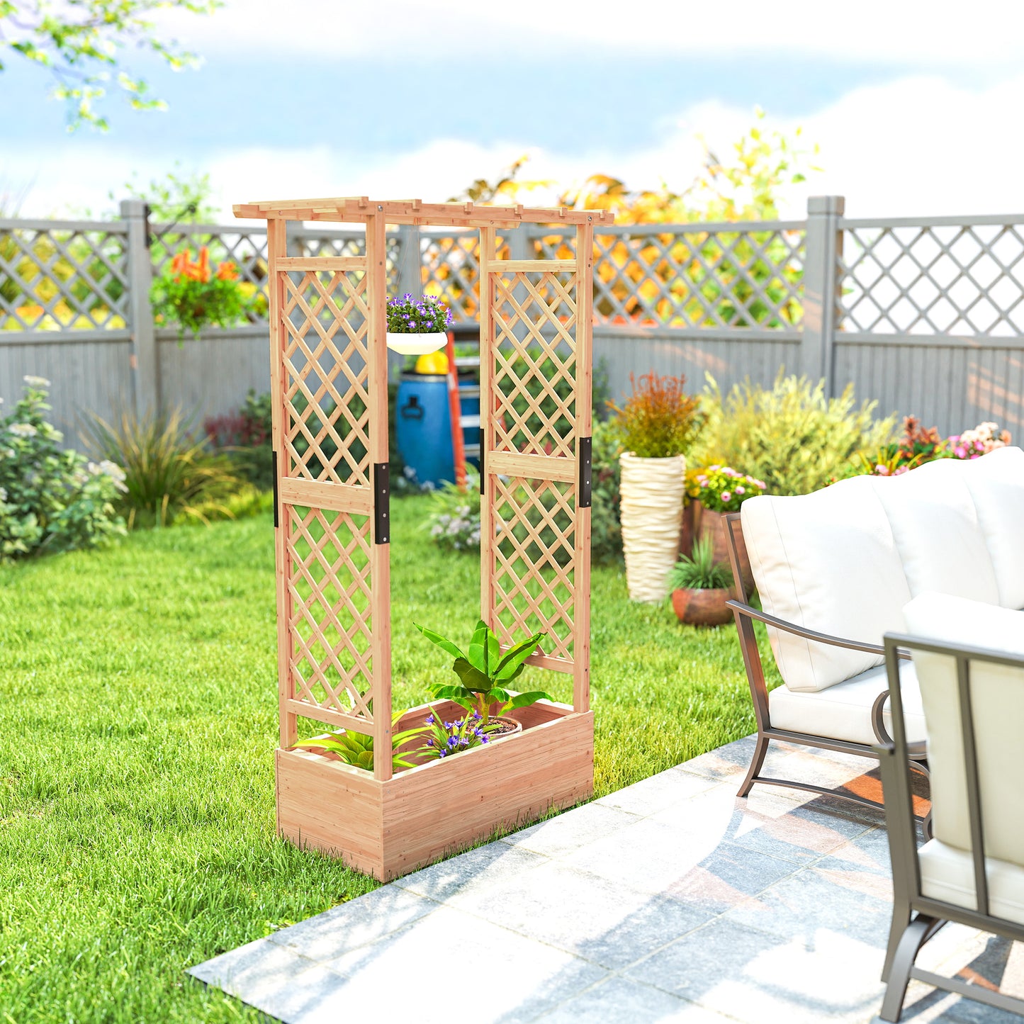 Fir Wood Garden Raised Bed with Double Trellis & Hanging Rails | 85x39cm Planting Bed | 2 Drainage Holes | 10kg Trellis Capacity | 110x44x181cm | Natural Wood Finish