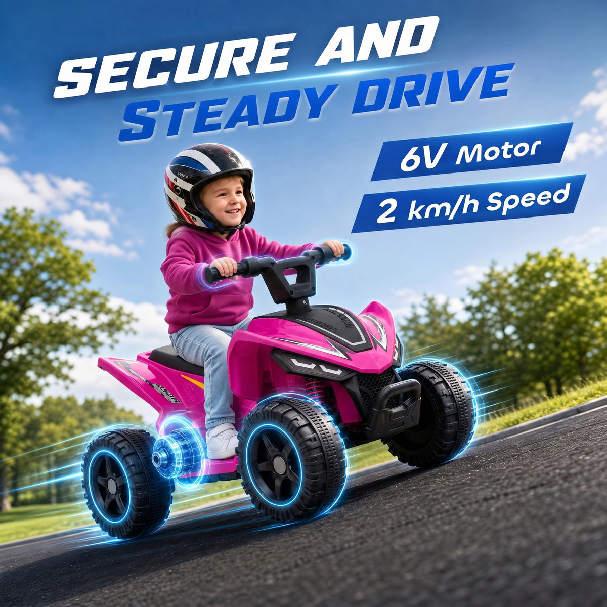 AIYAPLAY 6V Kids Electric Quad Bike | Hot Pink, Black or White | Handlebar Button Control | 2km/h Forward Ride | Ages 18–48 Months | 25kg Limit