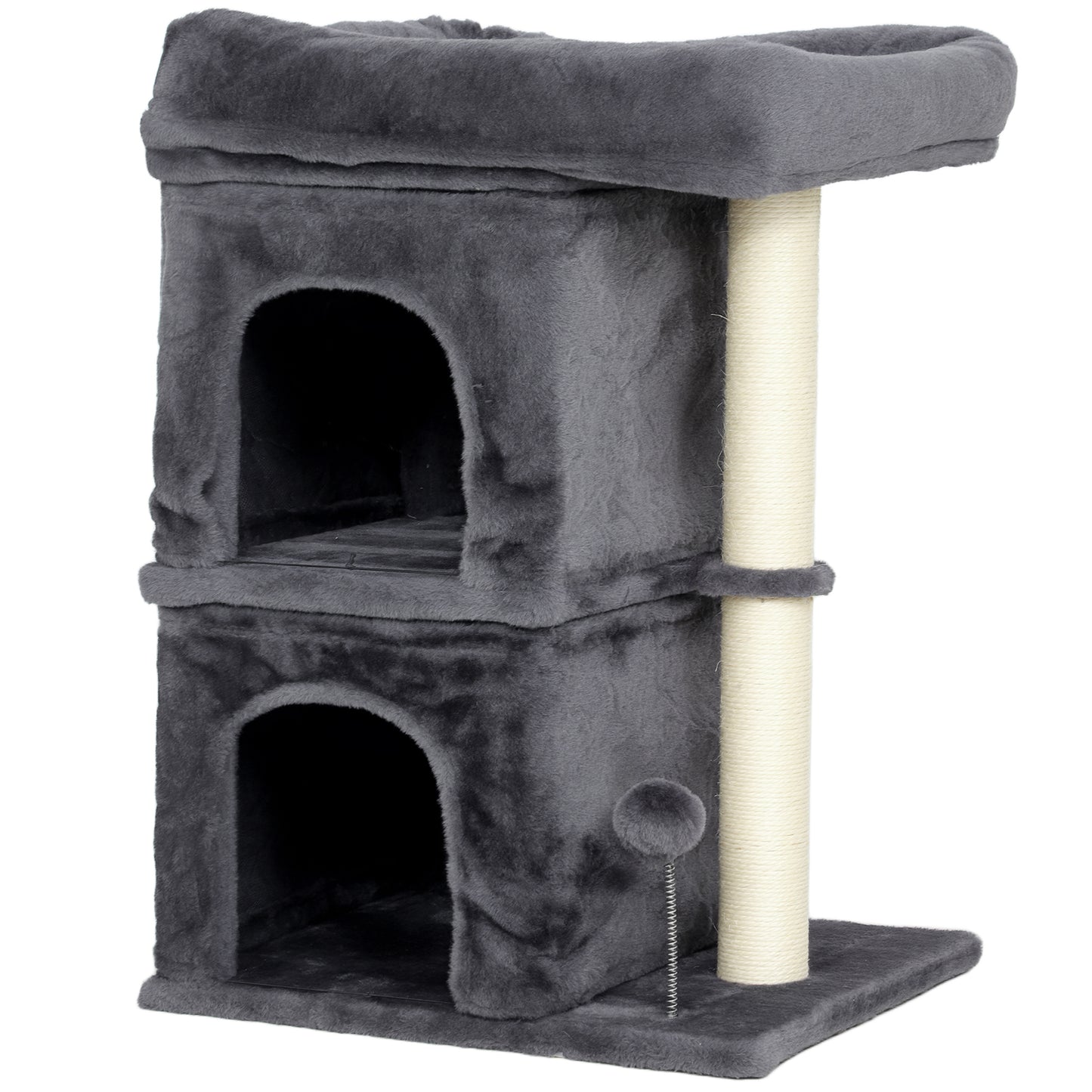 PawHut 66 cm Small Cat Tree for Large Cats, Cat Tower w/ Large Top Perch, 2 Condos, Sisal Scratching Post, Toy Ball, Dark Grey