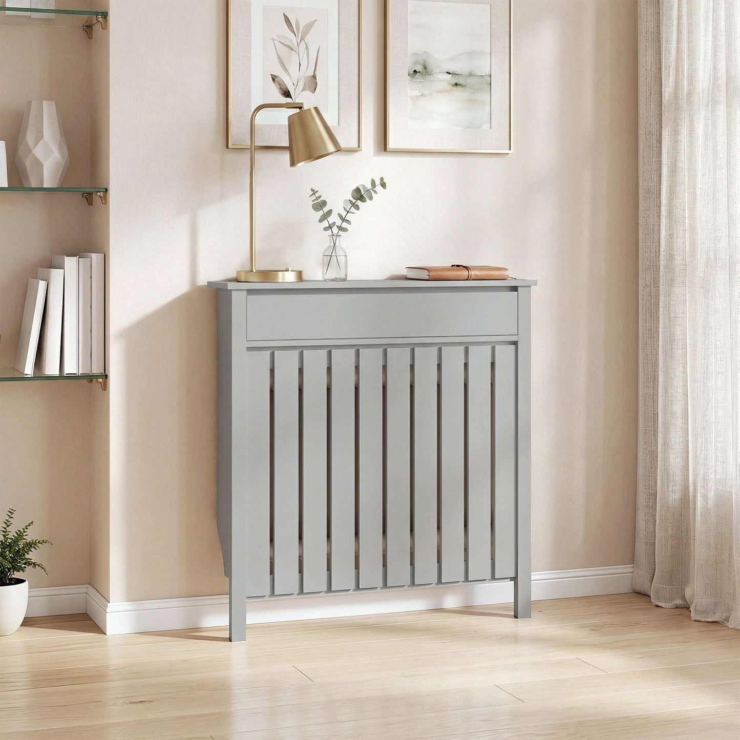 MDF & Particle Board Radiator Cover with 1 Drawer | Vertical Slats | Flat Top Display Surface | Wall Mountable | Pre-Cut Outs | 14kg Capacity | 88.5x19x93cm | Grey