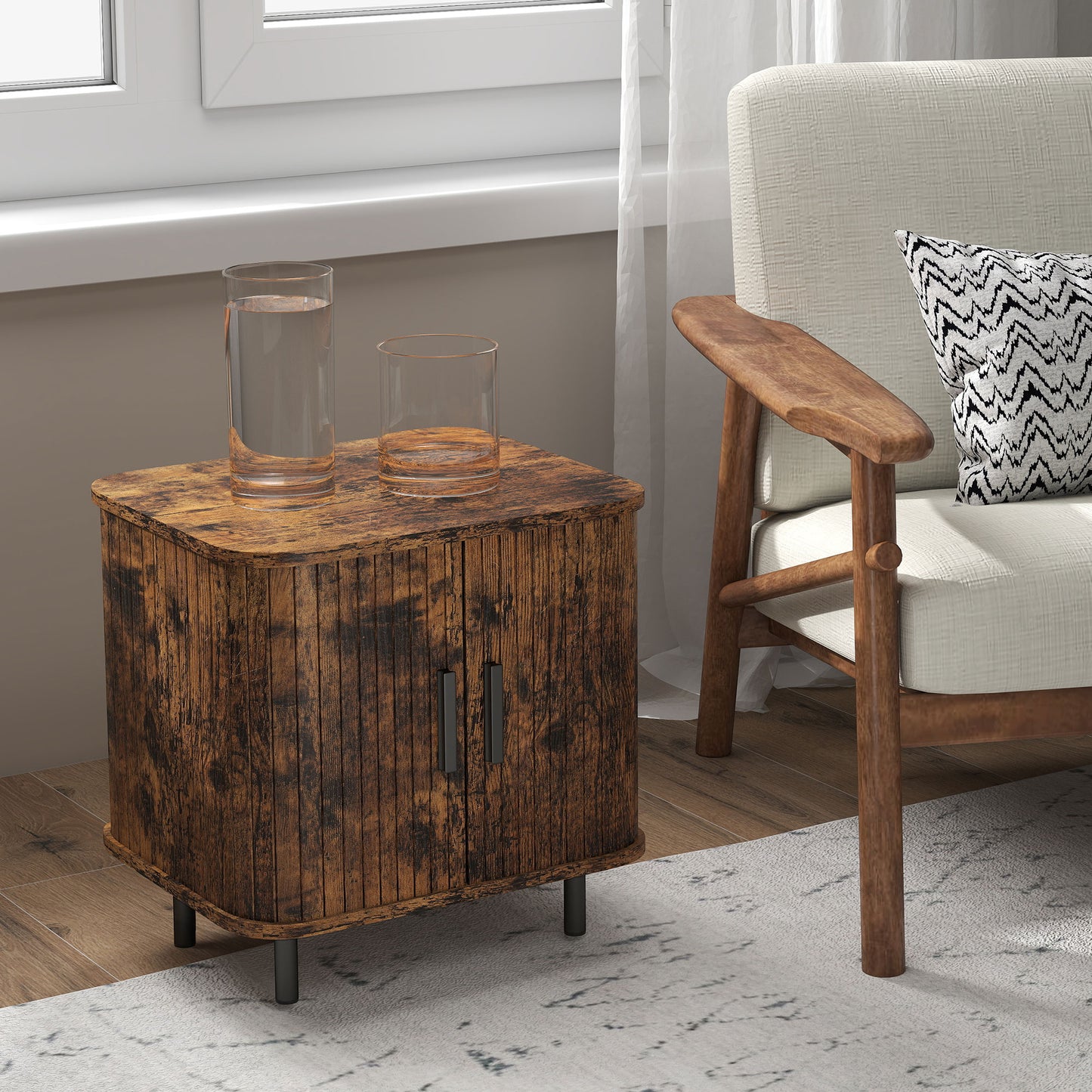 Nordic Bedside Table | Roller Shutter Sliding Doors | 2-Tier Storage | Melamine Surface | Steel Legs | 90kg | 48x40x48cm | Rustic Brown