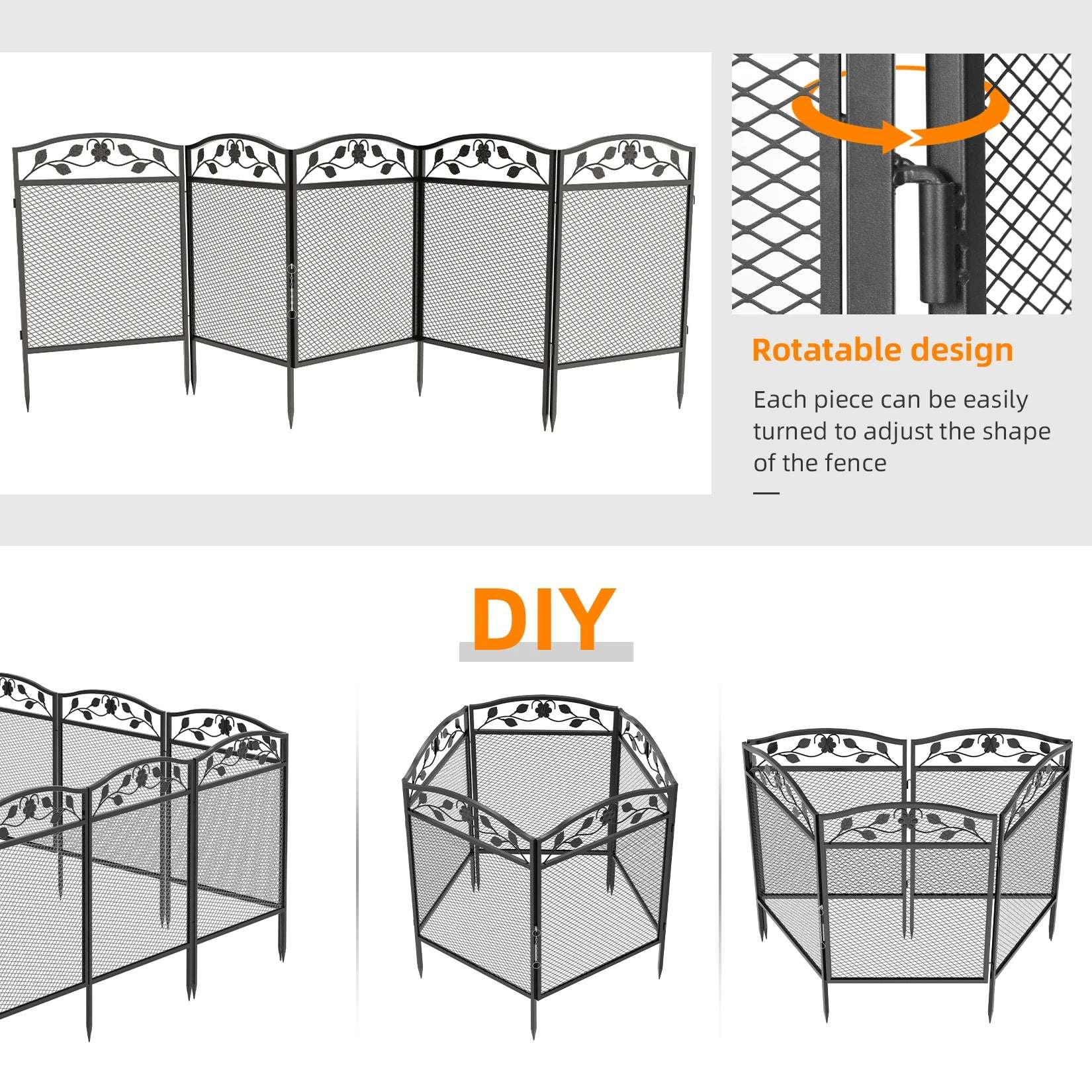 5 Piece Metal Garden Fence Border Rustic Style Decorative Garden Fence Animal Barrier, Landscape Pathway Edge Iron Fence Panels