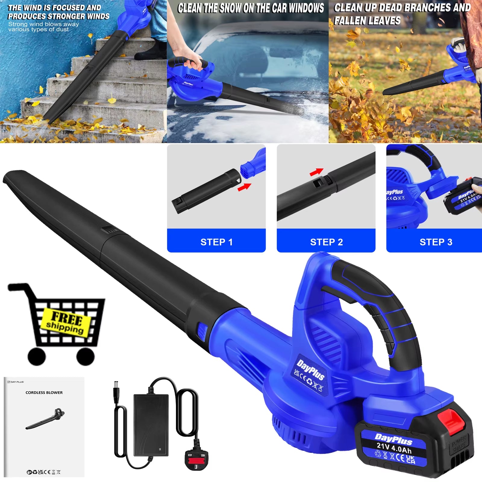 Dayplus Cordless Leaf Blower With Battery & Charger, Electric Garden Blower Portable Handheld Air Blower For Clean Lawn, Dust, Snow