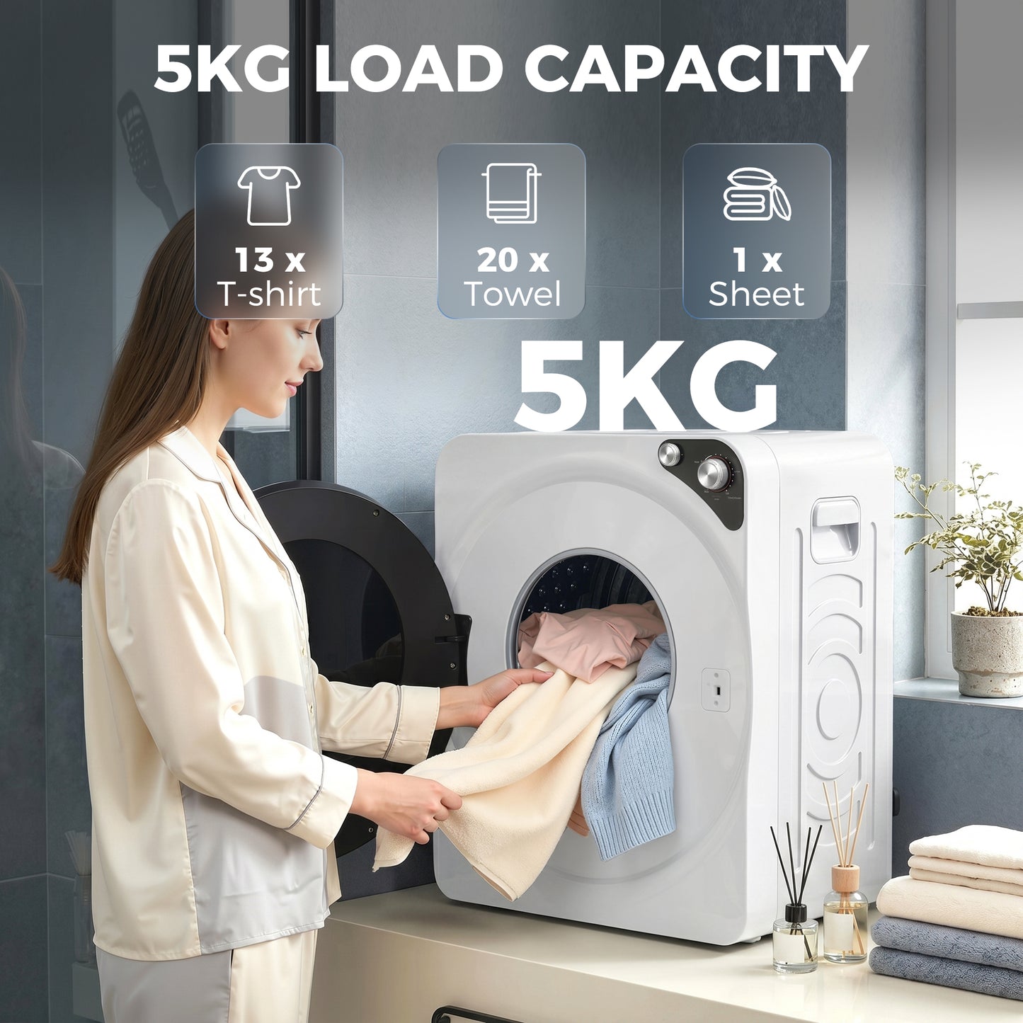 Compact Vented Tumble Dryer | 5kg | 1000W | 5 Drying Modes | Stainless Steel Drum | Stackable | 54dB | White