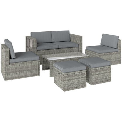 6 Piece Nesting Rattan Garden Furniture Set | Loveseat | 2 Armless Chairs | 2 Footstools | Coffee Table | Tempered Glass | PE Wicker | Powder-Coated Steel | Washable Cushions | Dark Grey