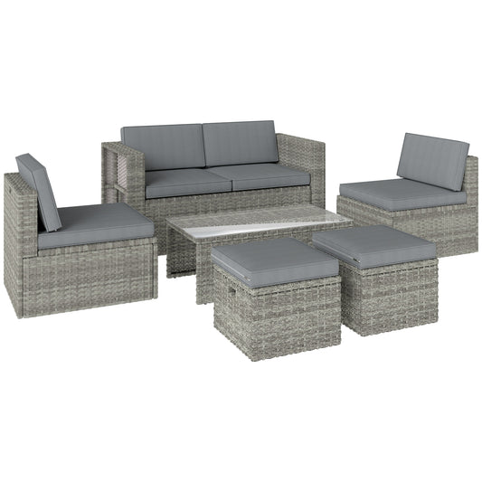 6 Piece Nesting Rattan Garden Furniture Set | Loveseat | 2 Armless Chairs | 2 Footstools | Coffee Table | Tempered Glass | PE Wicker | Powder-Coated Steel | Washable Cushions | Dark Grey