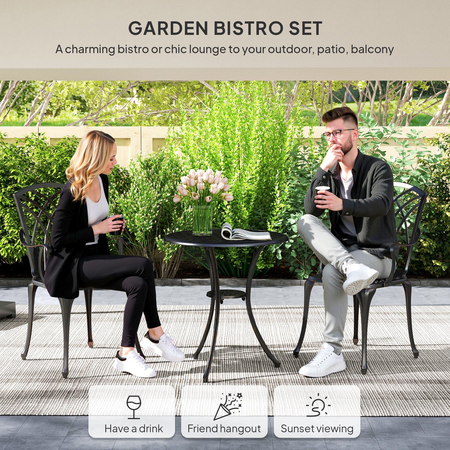 Outsunny 3 Pieces Garden Dining Set for 2, Cast Aluminium Outdoor Garden Furniture Dining Set with 2 Armchairs and Round Table
