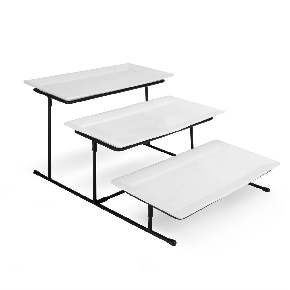 Maison & White 3 Tier Serving Stand with Ceramic Platter Plates | 37x27.5x20cm Stand | 3x Platters 29x15.5cm | Coated Iron Frame | Adjustable Angle | Fridge Safe | Fragile | 2-Year Warranty