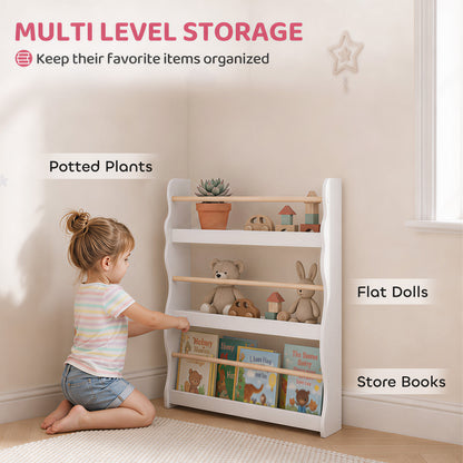 AIYAPLAY White 3-Tier Kids Bookshelf | 60cm Wide Slim Book Display with Pine-Tone Rails | Wall-Fixed Design | Ages 3–8