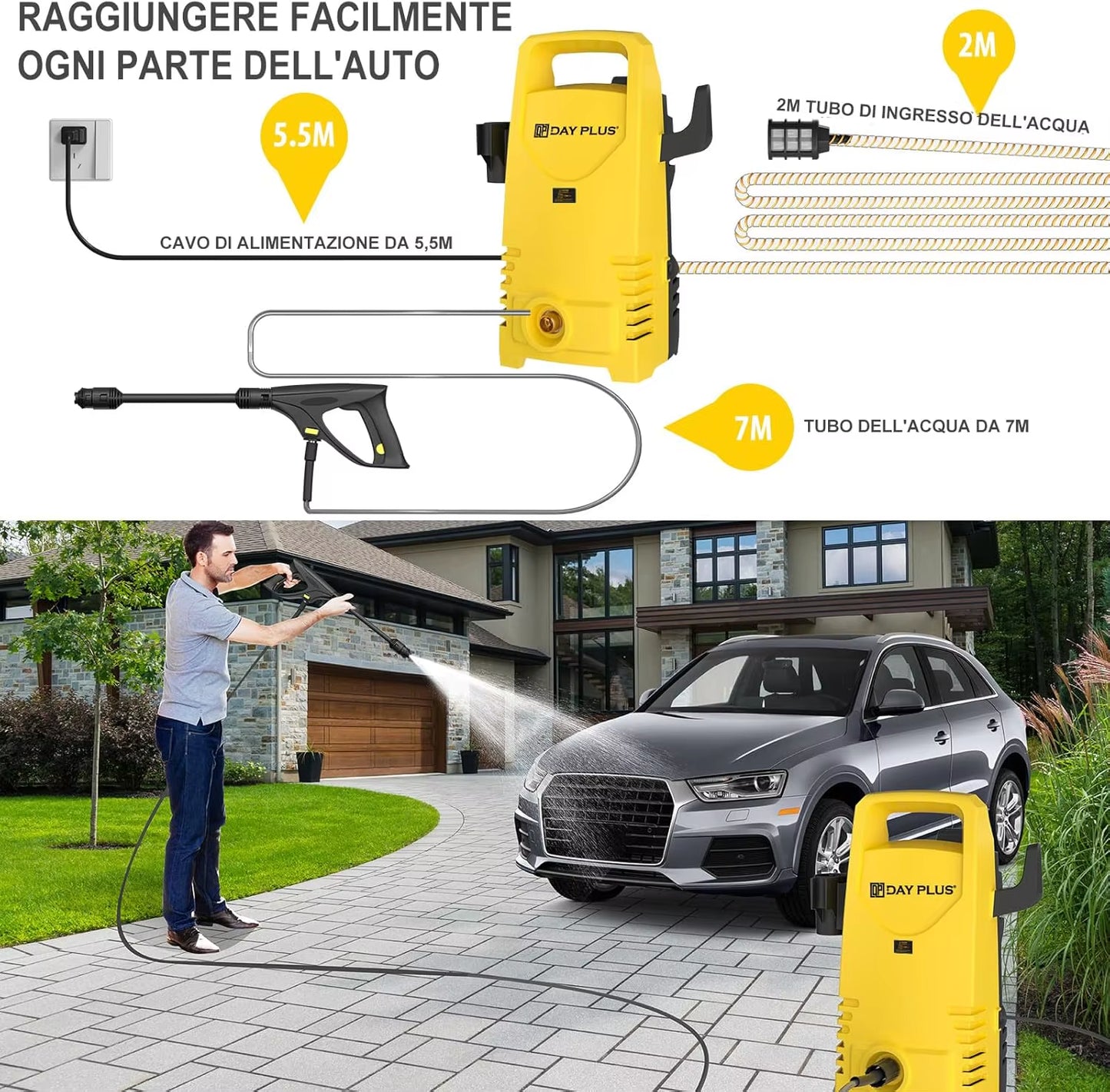 Electric High Pressure Washer 1600W, 120Bar, 380L/H Adjustable Lance from 0 to 180°,7M Flexible Hose, For Terraces, Gardens, Cars