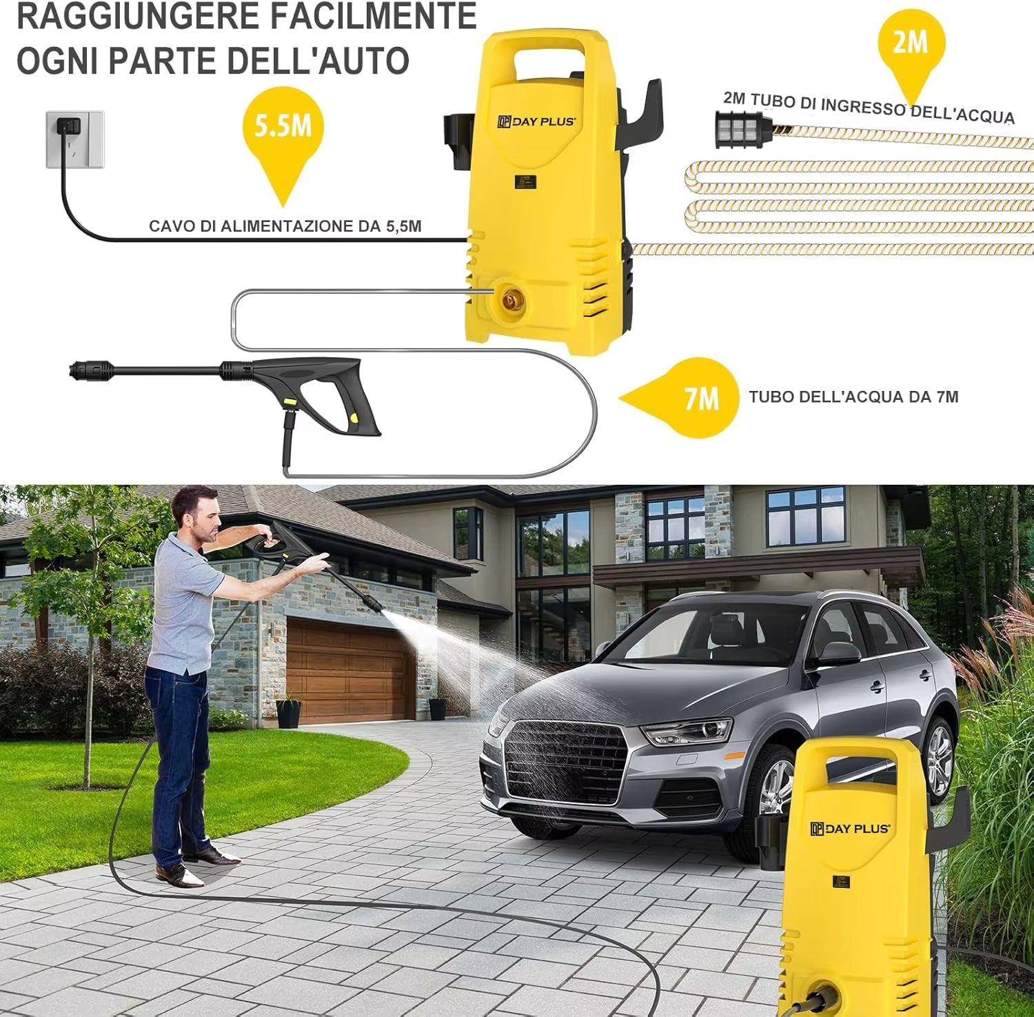 Electric High Pressure Washer 1600W, 120Bar, 380L/H Adjustable Lance from 0 to 180°,7M Flexible Hose, For Terraces, Gardens, Cars