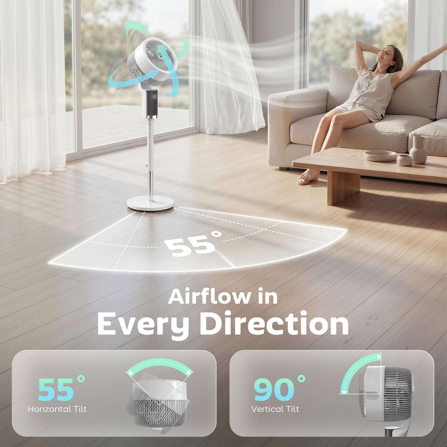 Pedestal Standing Fan | 20dB Sleep Mode | 8 Speeds | 9.5m³/min Airflow | 3D Oscillation | Aromatherapy Pad | Blue Mood Light | Detachable Grill | 5m Remote | 12H Timer | 50W | 110cm | White