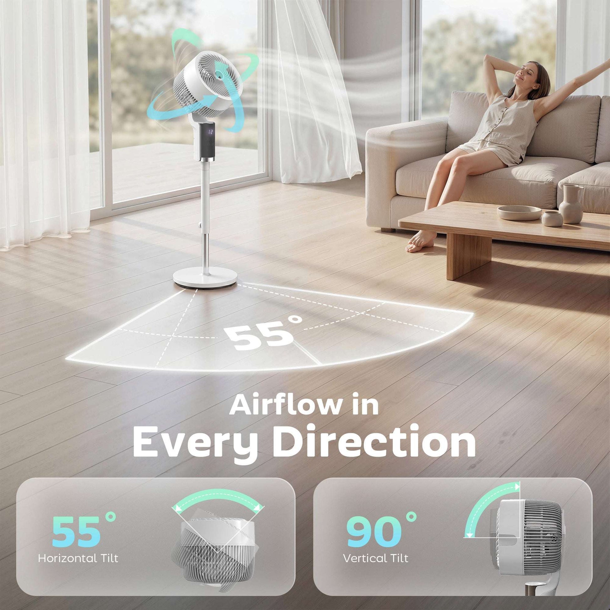 Pedestal Standing Fan | 20dB Sleep Mode | 8 Speeds | 9.5m³/min Airflow | 3D Oscillation | Aromatherapy Pad | Blue Mood Light | Detachable Grill | 5m Remote | 12H Timer | 50W | 110cm | White