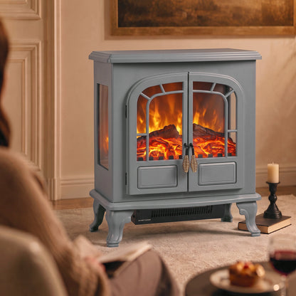 Electric Fireplace Stove | Grey Freestanding 2000W Heater with LED Flame Effect, Energy Rating C