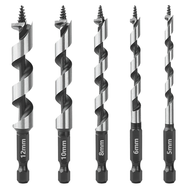 Wood Drill Bit Set with 5/6/8/10/12mm Ship Auger Design, 1/4'' Quick Change Shank, HCS for Soft & Hard Wood 