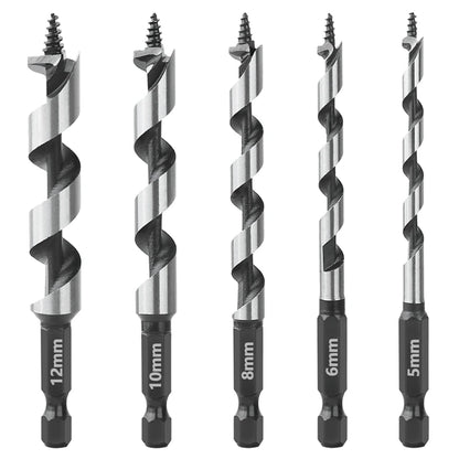 Wood Drill Bit Set with 5/6/8/10/12mm Ship Auger Design, 1/4'' Quick Change Shank, HCS for Soft & Hard Wood 