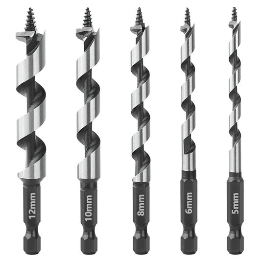 Wood Drill Bit Set with 5/6/8/10/12mm Ship Auger Design, 1/4'' Quick Change Shank, HCS for Soft & Hard Wood 
