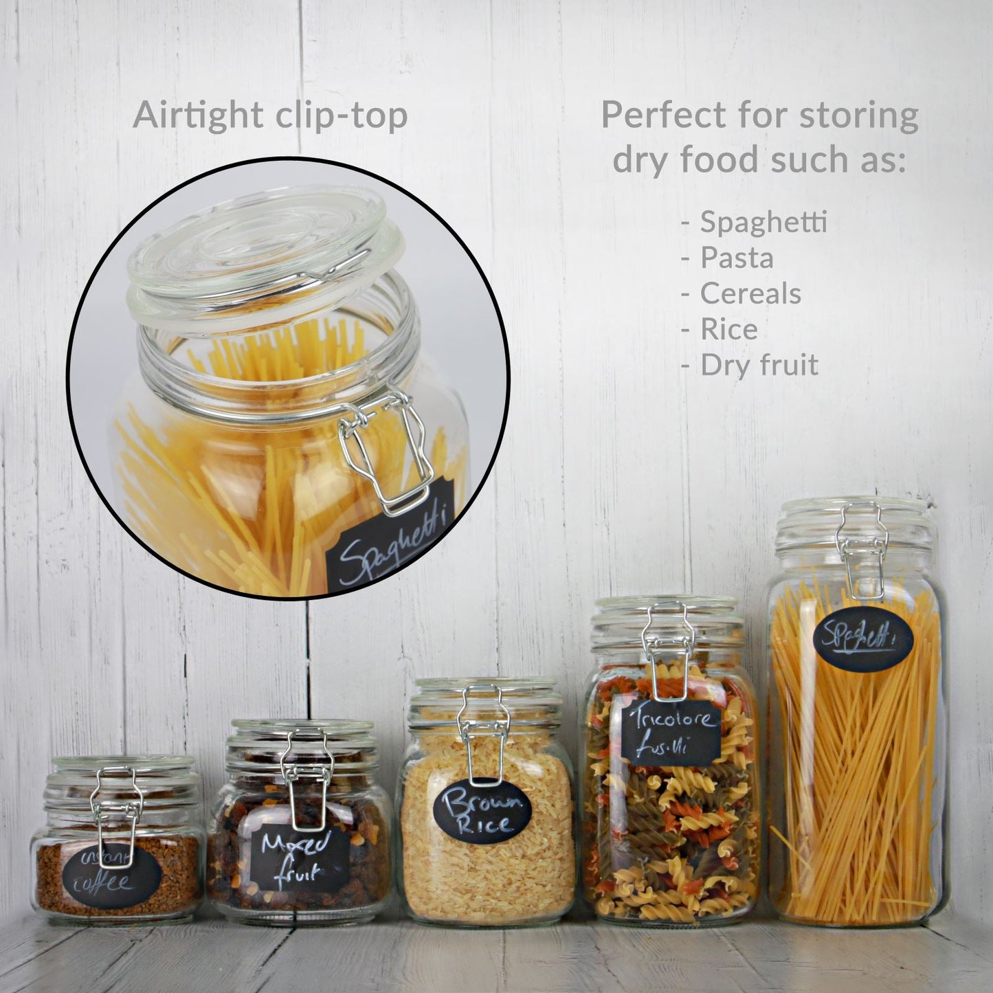 Clip-Top Glass Storage Jars | Assorted Set of 5 | 500ml to 2200ml | Steel Clip & Silicone Seal | Labels & Pen Included | Hand Wash Only | 2-Year Warranty