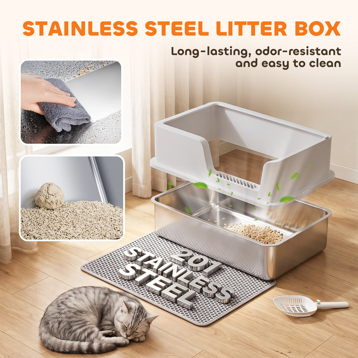 XL Cat Litter Tray | 201 Stainless Steel Pan | Semi-Enclosed PP Lid | High Sides & Sealed Seams | 30L | Cats up to 8kg | 60x40cm Litter Mat | Scoop Brush & Hook | 60x40x30cm | Inner 56x36x15cm | Light Grey