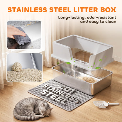 XL Cat Litter Tray | 201 Stainless Steel Pan | Semi-Enclosed PP Lid | High Sides & Sealed Seams | 30L | Cats up to 8kg | 60x40cm Litter Mat | Scoop Brush & Hook | 60x40x30cm | Inner 56x36x15cm | Light Grey