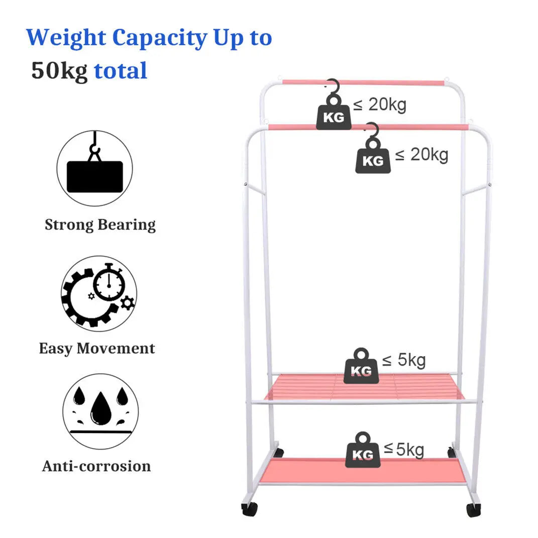 Heavy Duty Rolling Clothes Rack with Wheels Metal Coat Hanger Stand Shoes Storage Organizer